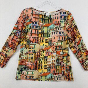 Peck & Peck Large Colorful Artsy Novelty Stretch Knit Crew Neck 3/4 Sleeve Top